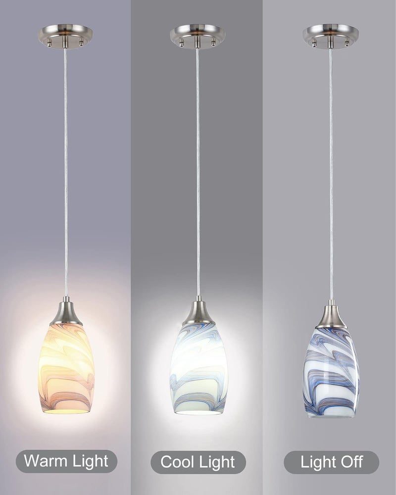 karyfine Mini Art Glass Pendant Lights Kitchen Island Blown Glass Pendant Lighting with Brushed Nickel Finish Adjustable Cord Ceiling Hanging Lamp for Hallway,Dining Room White and Dark Blue-1P - Image 3